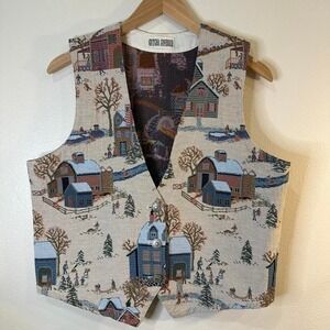 Vintage Gotcha Covered tapestry vest with a countryside winter village print